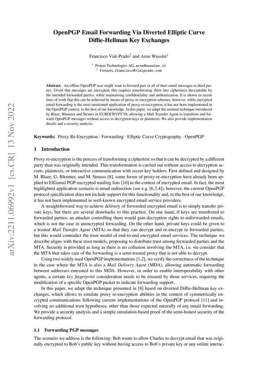 OpenPGP Email Forwarding Via Diverted Elliptic Curve Diffie-Hellman Key ... image.