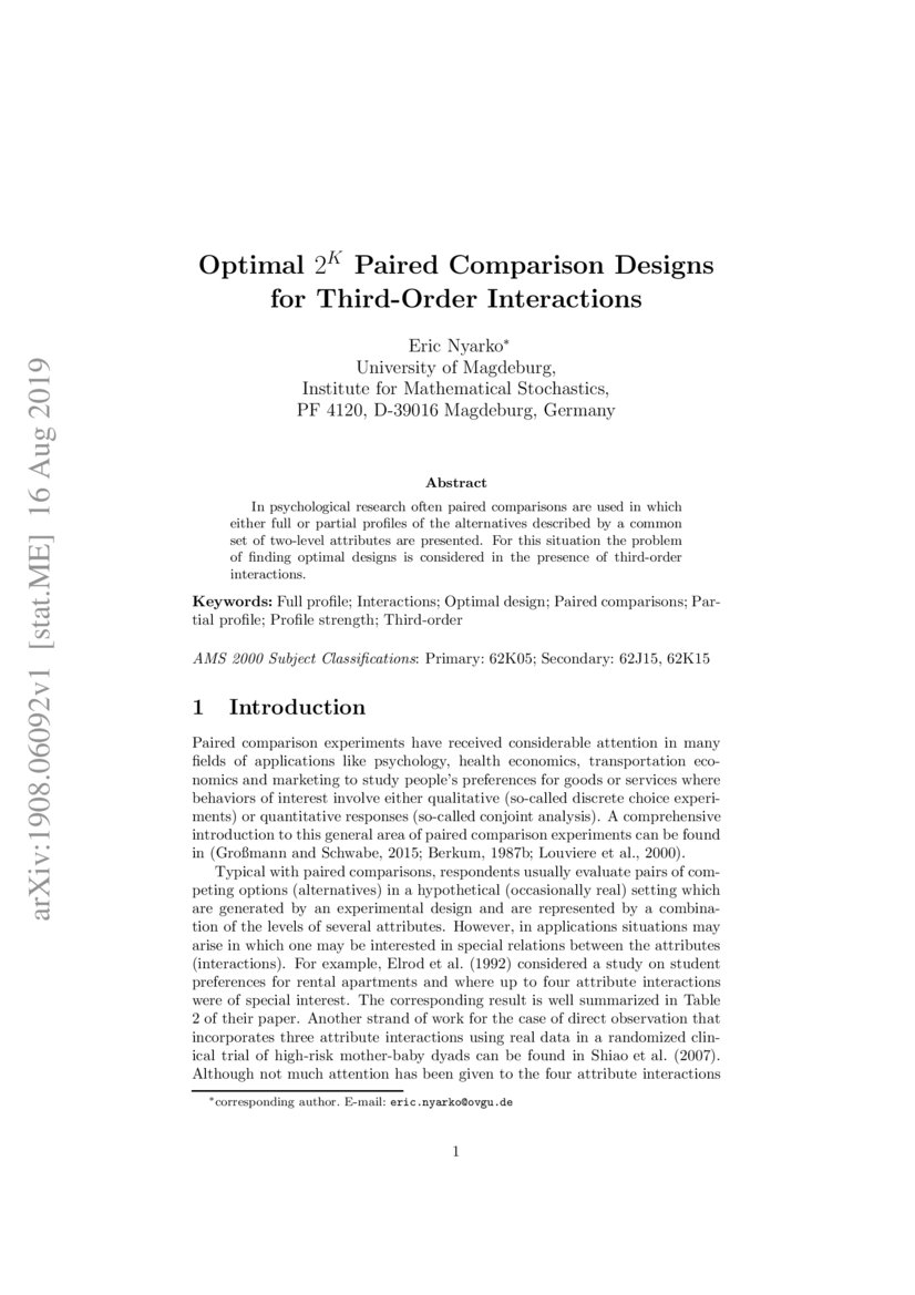Optimal 2 k paired comparison designs for third order interactions deepai