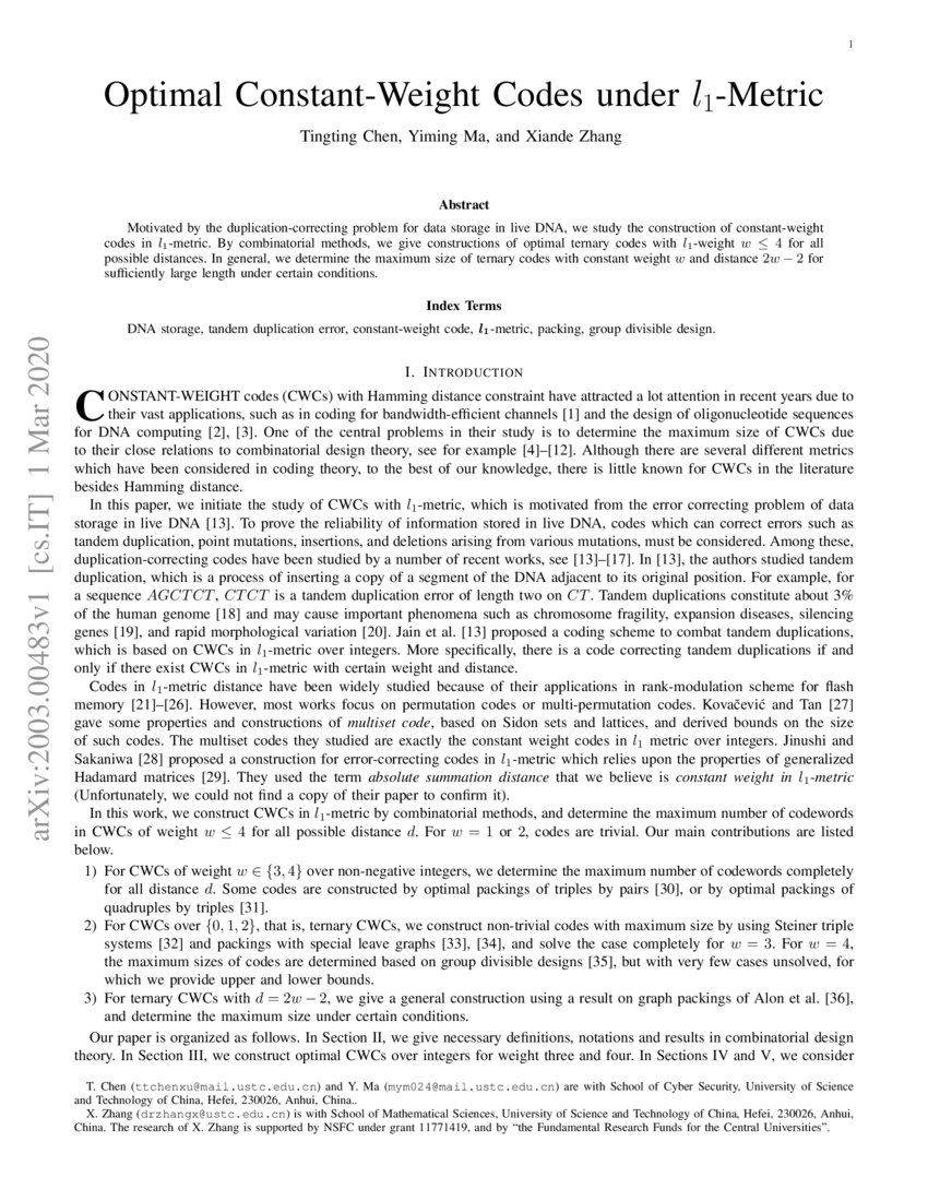 Optimal ConstantWeight Codes under l_1Metric DeepAI