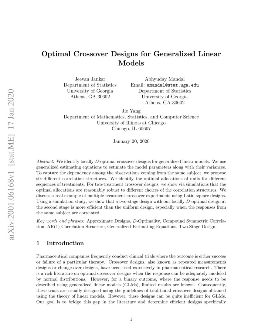 Optimal Crossover Designs for Generalized Linear Models | DeepAI