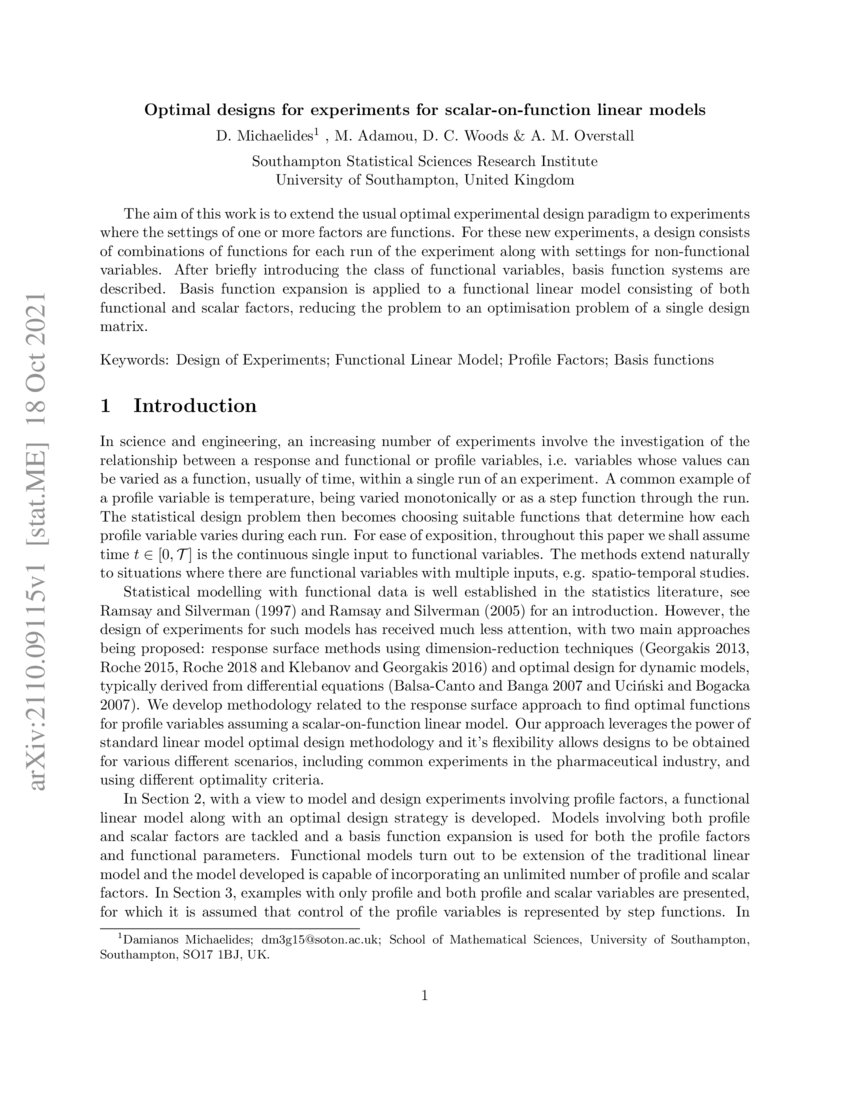 Optimal designs for experiments for scalar-on-function linear models ...