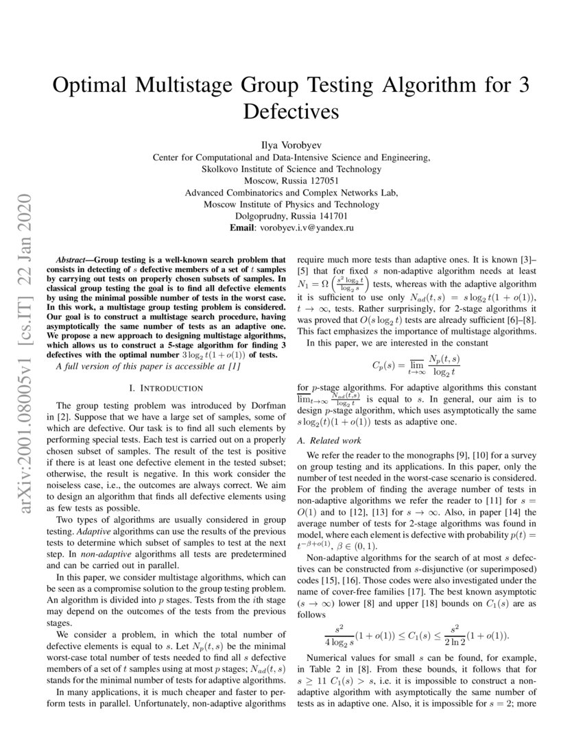 Optimal Multistage Group Testing Algorithm for 3 Defectives DeepAI