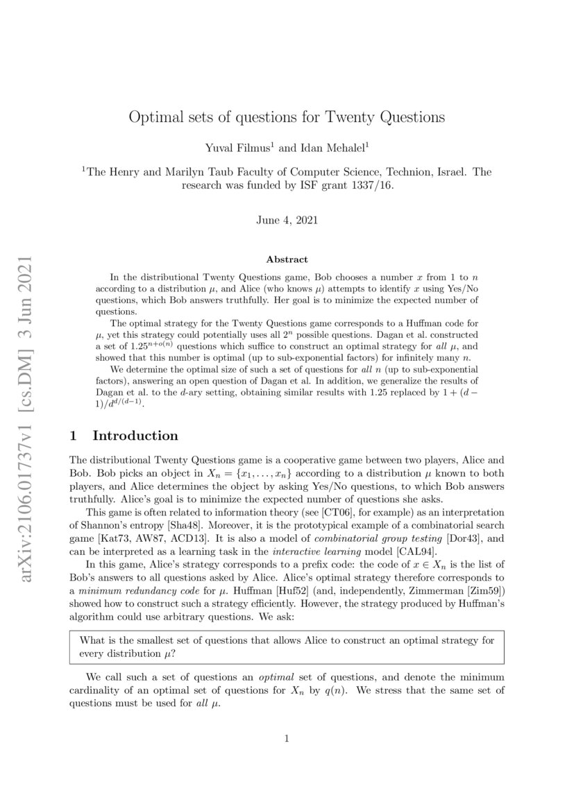 Optimal sets of questions for Twenty Questions DeepAI