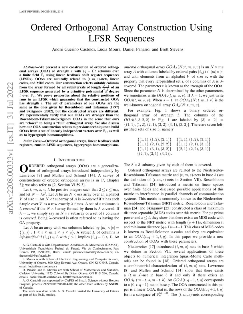 Ordered Orthogonal Array Construction Using LFSR Sequences | DeepAI