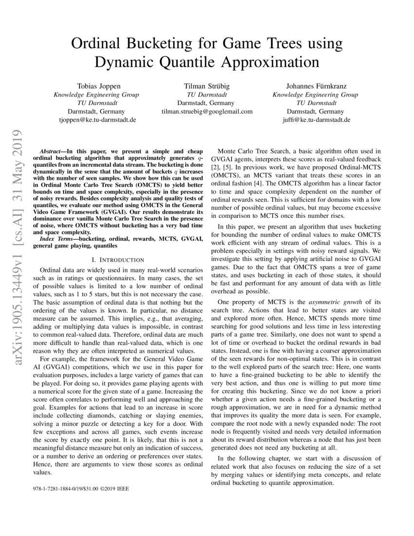 Ordinal Bucketing for Game Trees using Dynamic Quantile Approximation