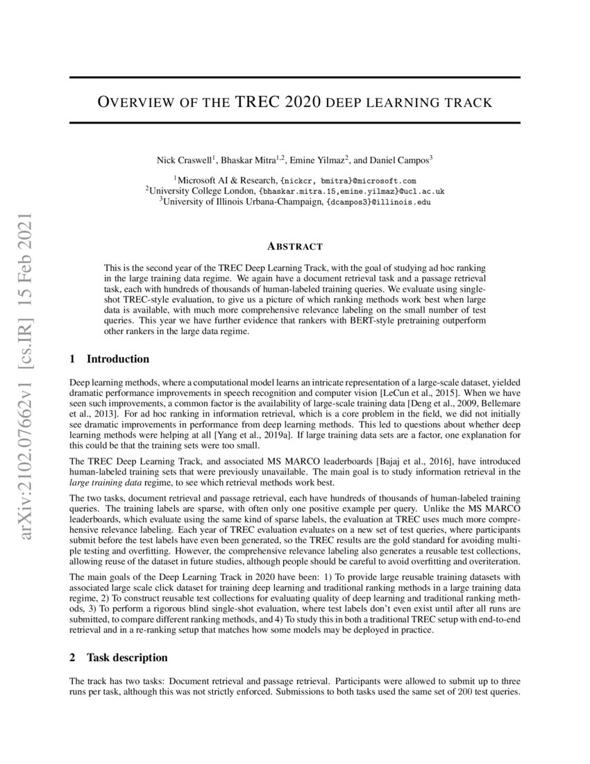 Overview of the TREC 2020 deep learning track DeepAI