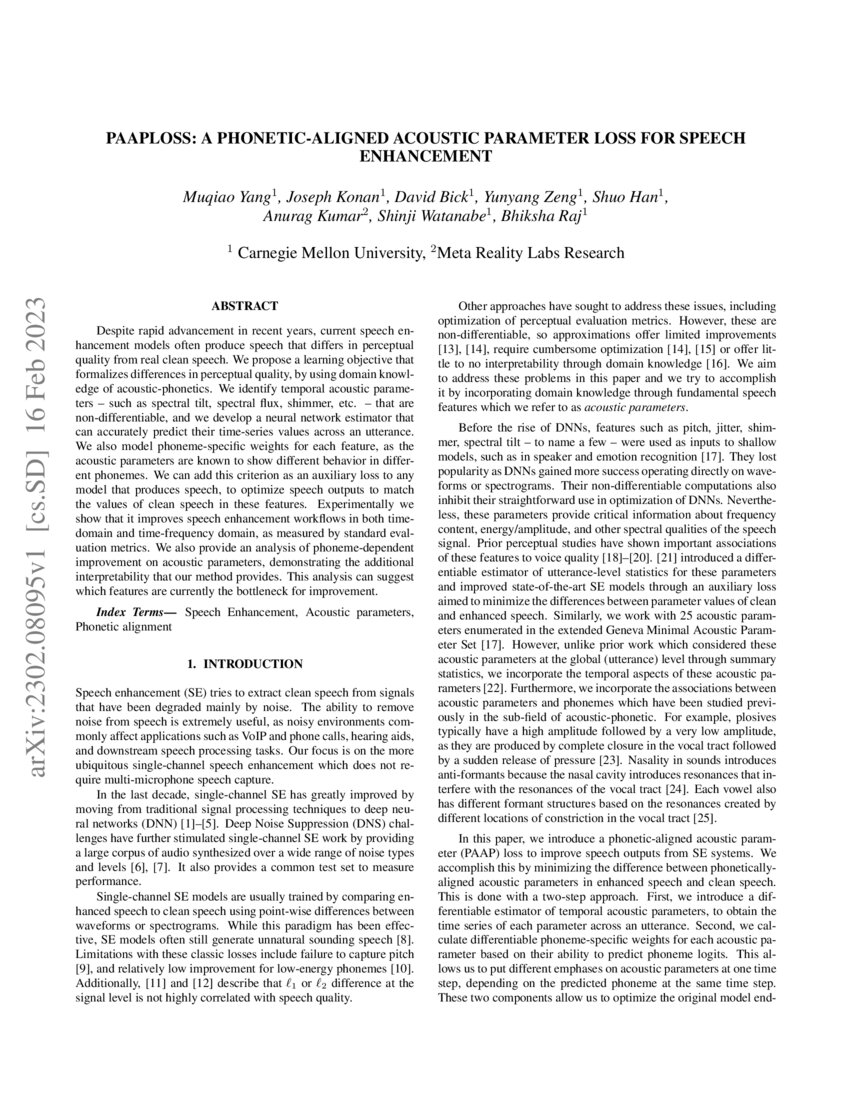 PAAPLoss A Acoustic Parameter Loss for Speech