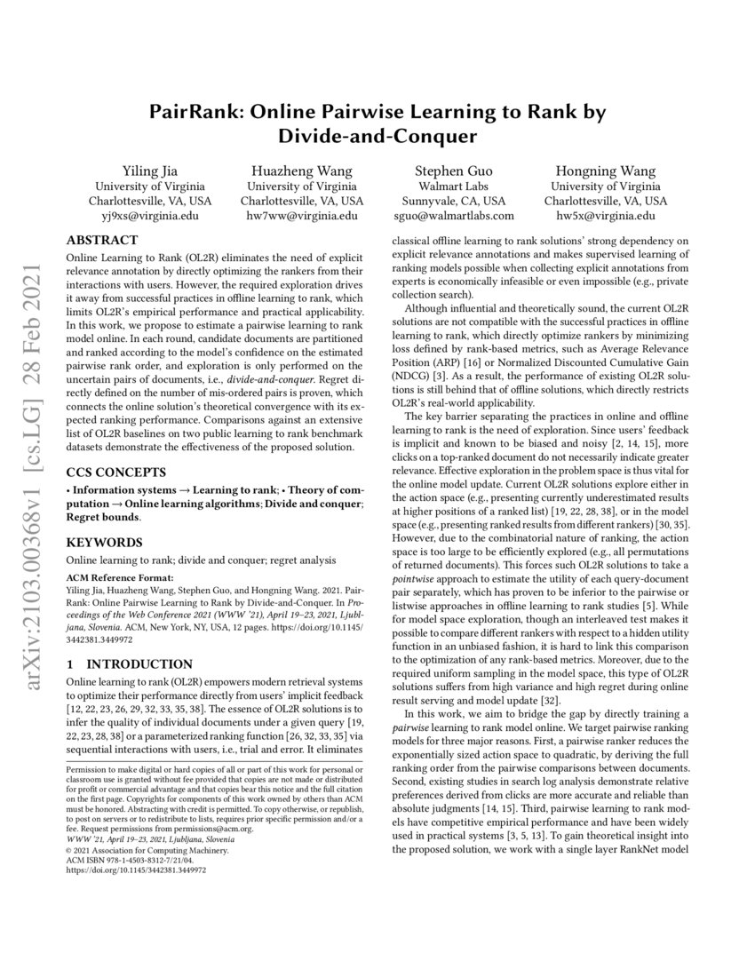 PairRank Online Pairwise Learning to Rank by DivideandConquer DeepAI