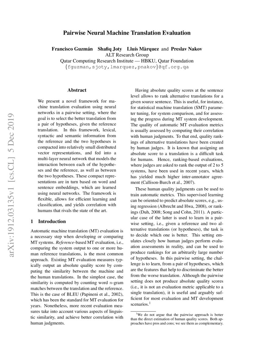 Pairwise Neural Machine Translation Evaluation DeepAI