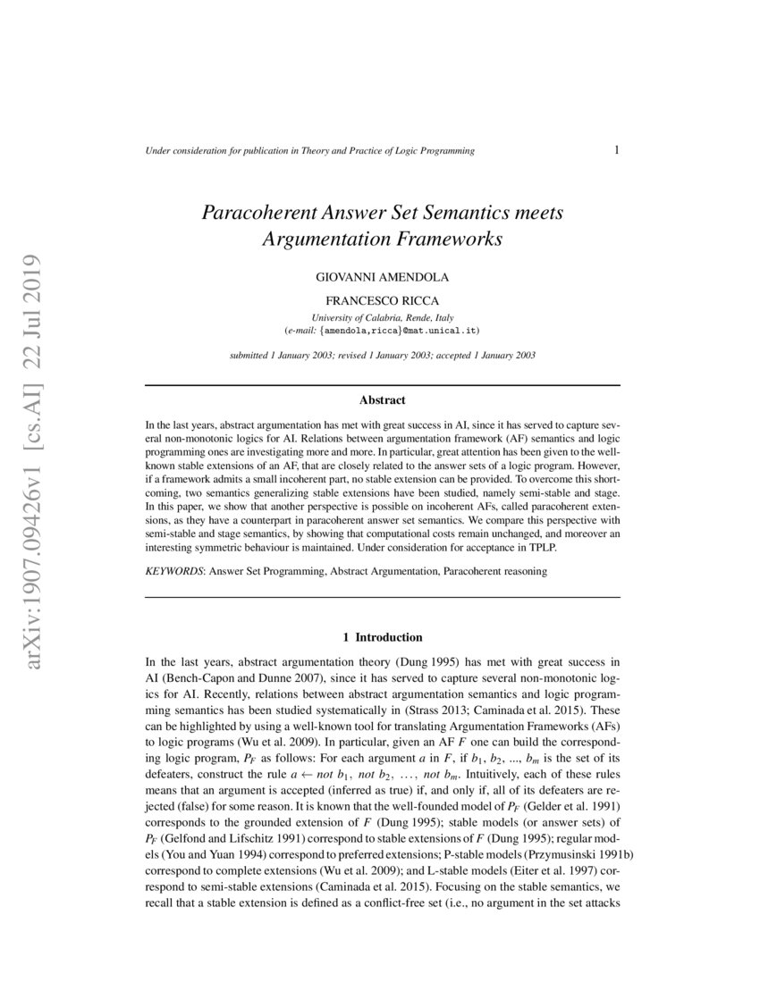 Paracoherent Answer Set Semantics meets Argumentation Frameworks | DeepAI