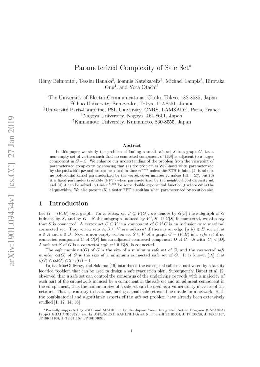 Parameterized Complexity of Safe Set DeepAI