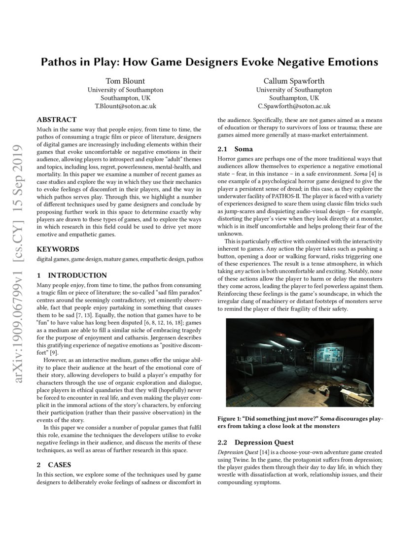 Pathos in Play How Game Designers Evoke Negative Emotions DeepAI