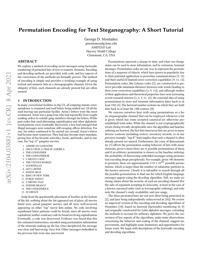 Permutation Encoding for Text Steganography: A Short Tutorial | DeepAI