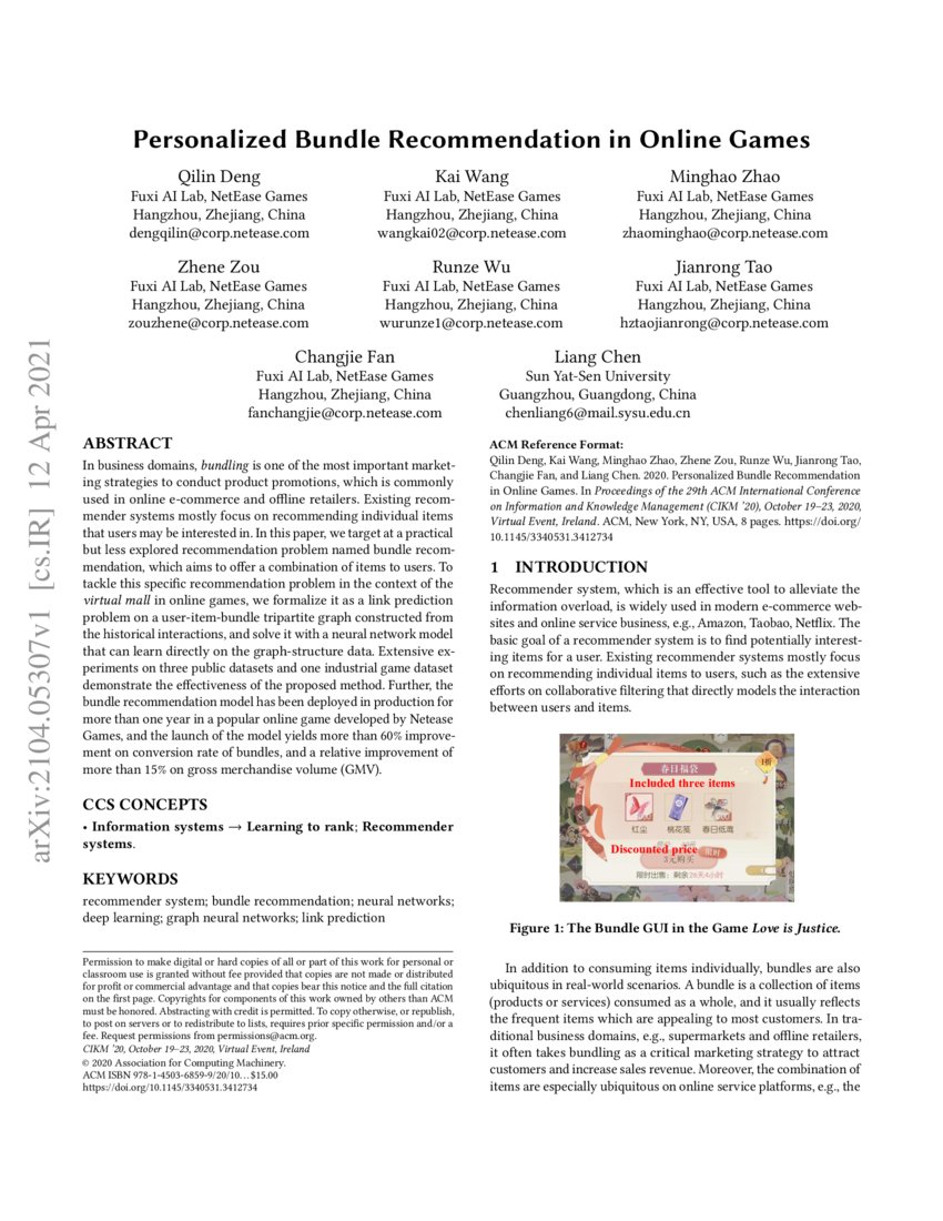 Personalized Bundle in Online Games DeepAI