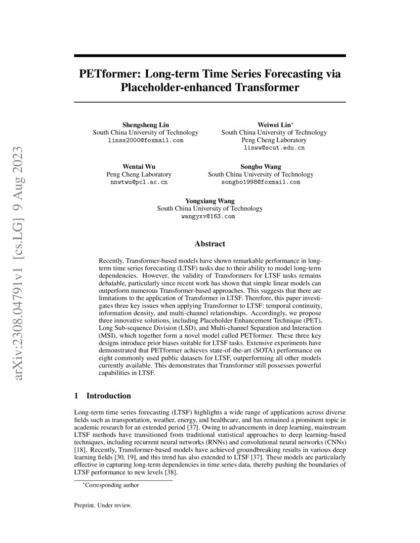 PETformer Longterm Time Series Forecasting via Placeholderenhanced