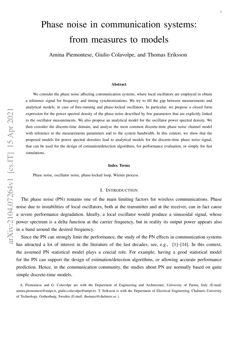 Phase noise in communication systems from measures to models DeepAI