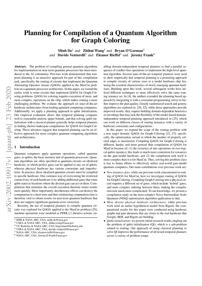 Planning for Compilation of a Quantum Algorithm for Graph Coloring | DeepAI