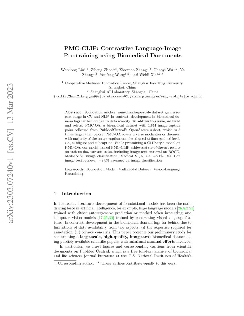 PMC-CLIP: Contrastive Language-Image Pre-training using Biomedical ...