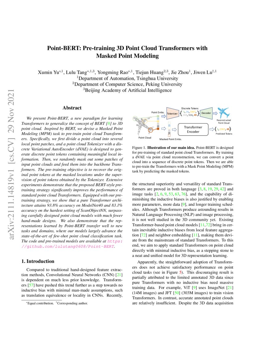 Point-BERT: Pre-training 3D Point Cloud Transformers with Masked Point ...