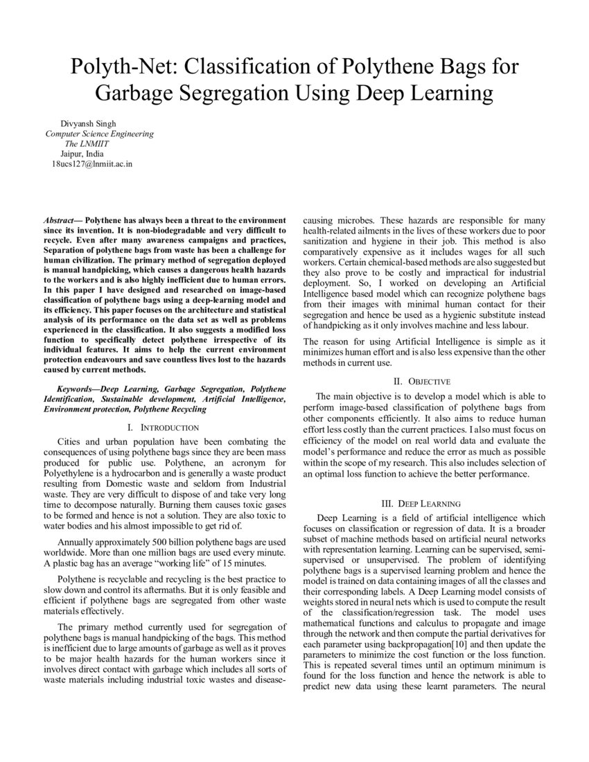 Classification of Polythene Bags for Garbage Segregation