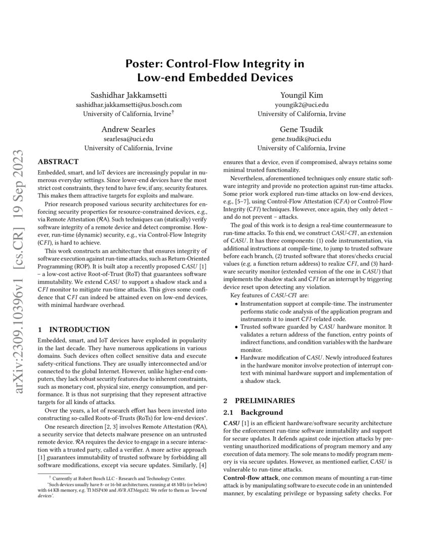 Poster ControlFlow Integrity in Lowend Embedded Devices DeepAI