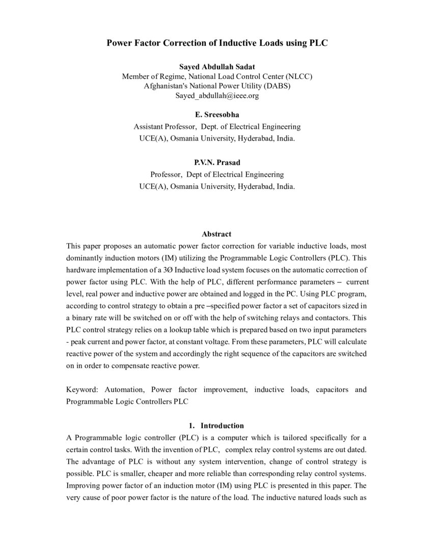 Power Factor Correction of Inductive Loads using PLC DeepAI