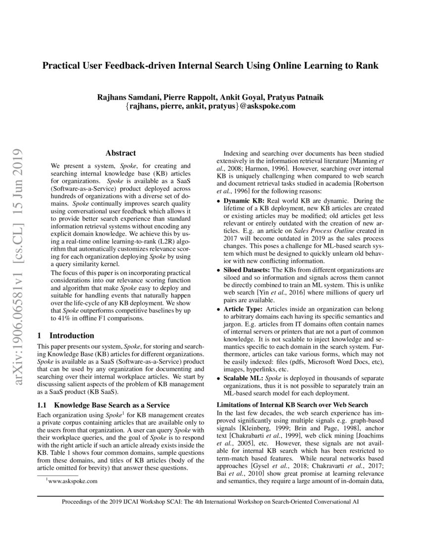 Practical User Feedbackdriven Internal Search Using Online Learning to Rank DeepAI