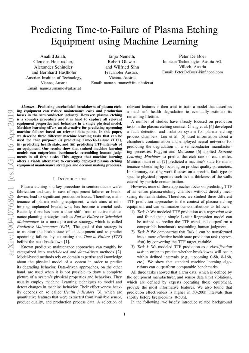 Predicting TimetoFailure of Plasma Etching Equipment using Machine