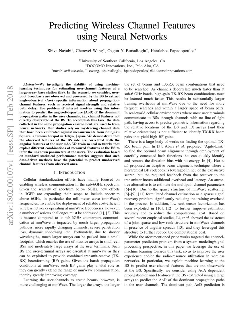 Predicting Wireless Channel Features using Neural Networks | DeepAI