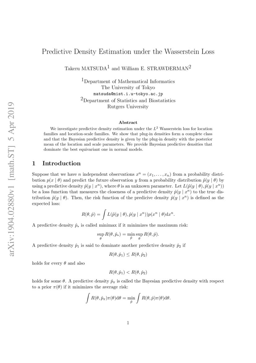 Predictive Density Estimation Under The Wasserstein Loss Deepai