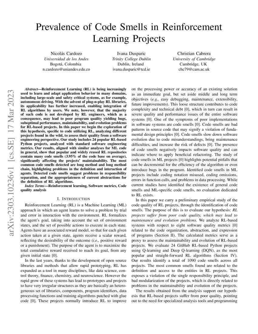 Prevalence of Code Smells in Reinforcement Learning Projects | DeepAI