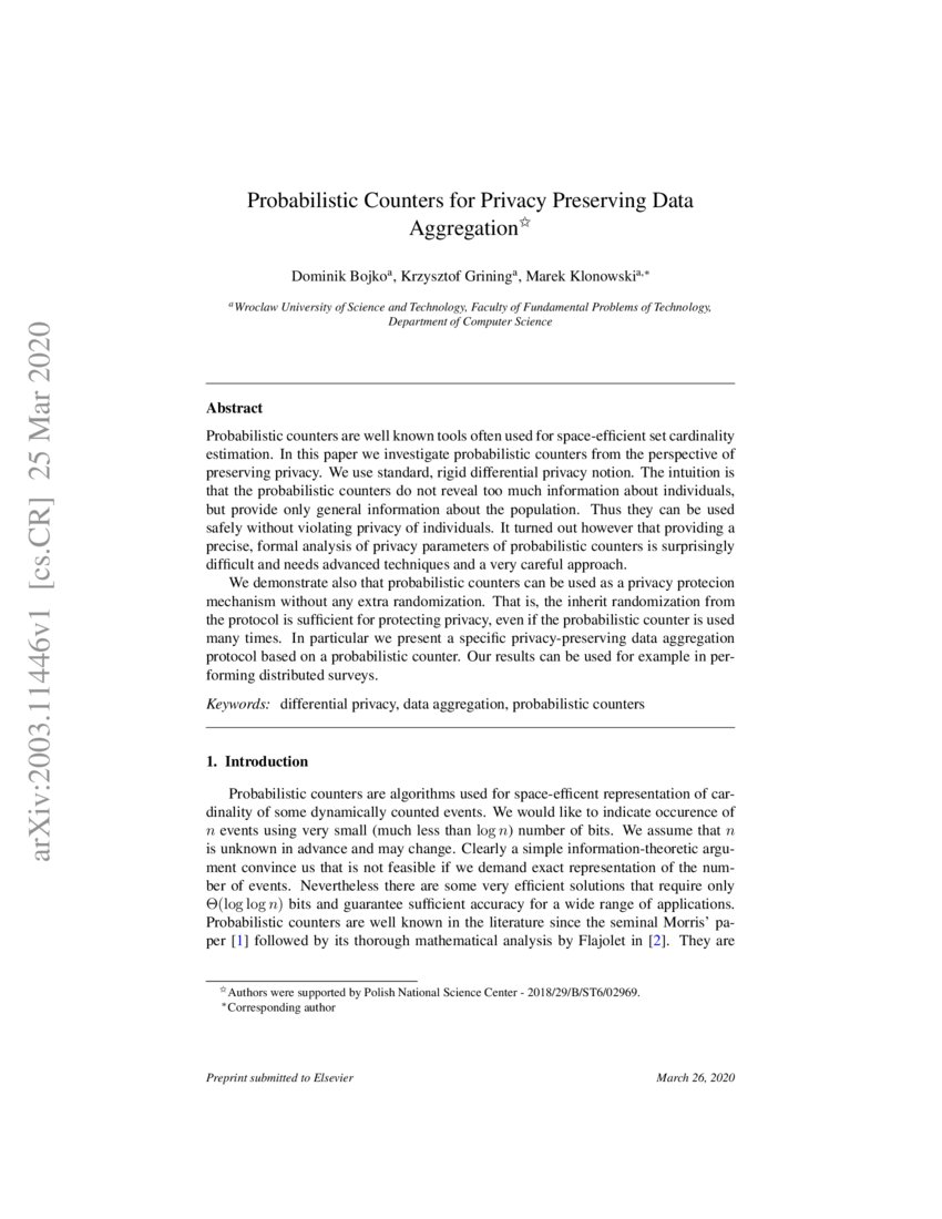 Probabilistic Counters for Privacy Preserving Data Aggregation DeepAI