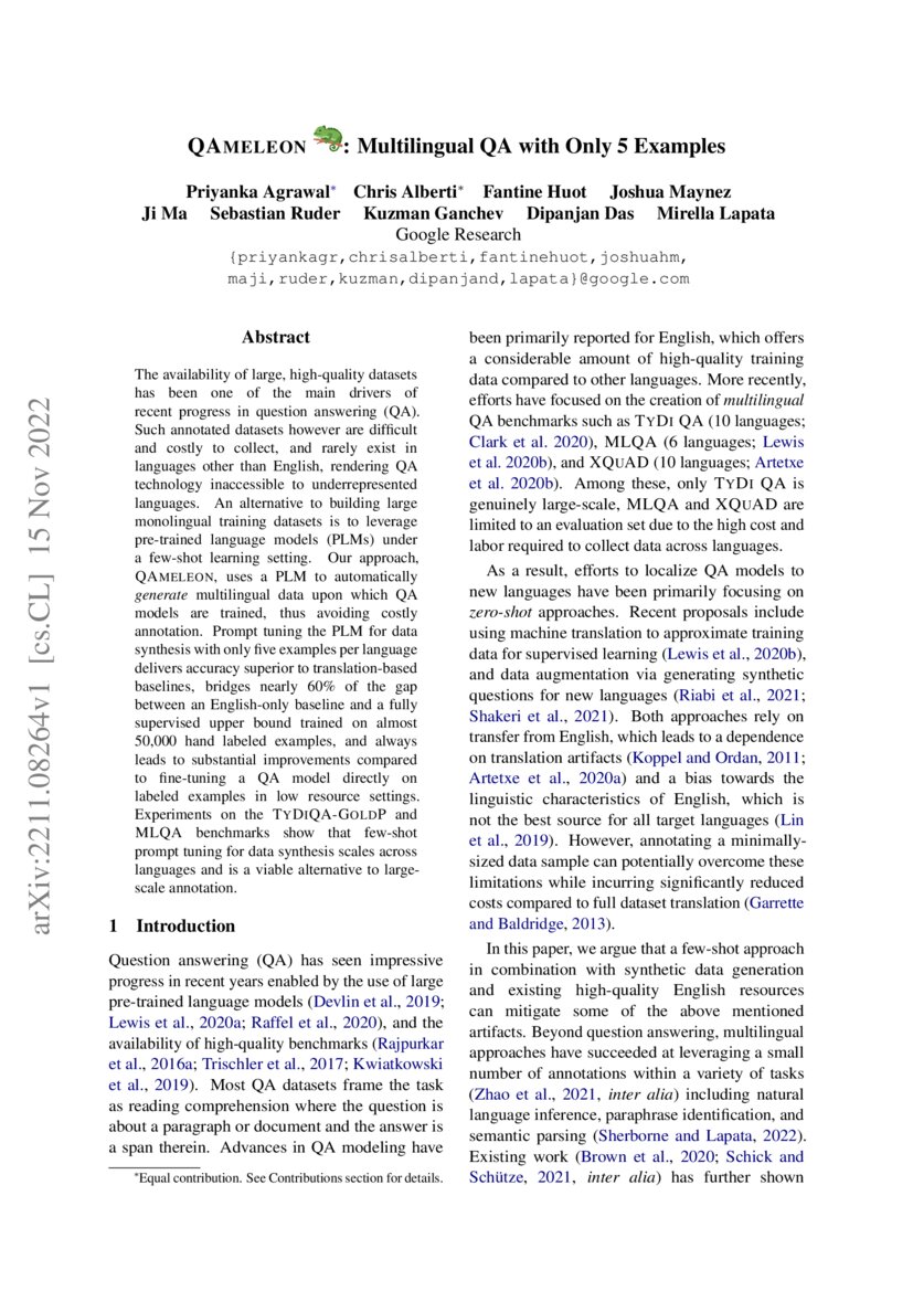 QAmeleon Multilingual QA with Only 5 Examples DeepAI