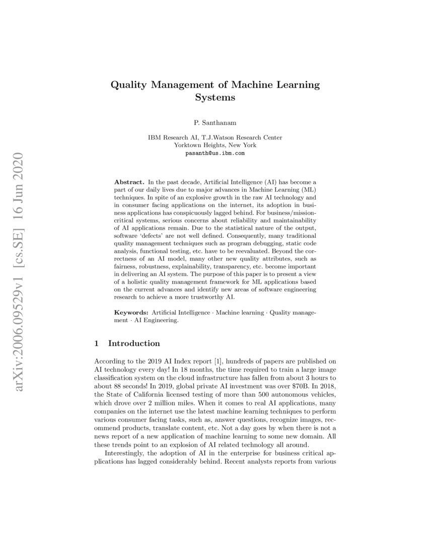 Quality Management of Machine Learning Systems DeepAI