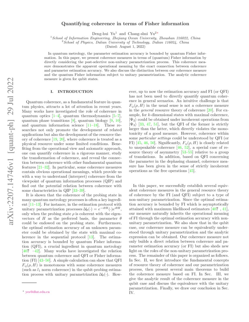 Quantifying coherence in terms of Fisher information DeepAI