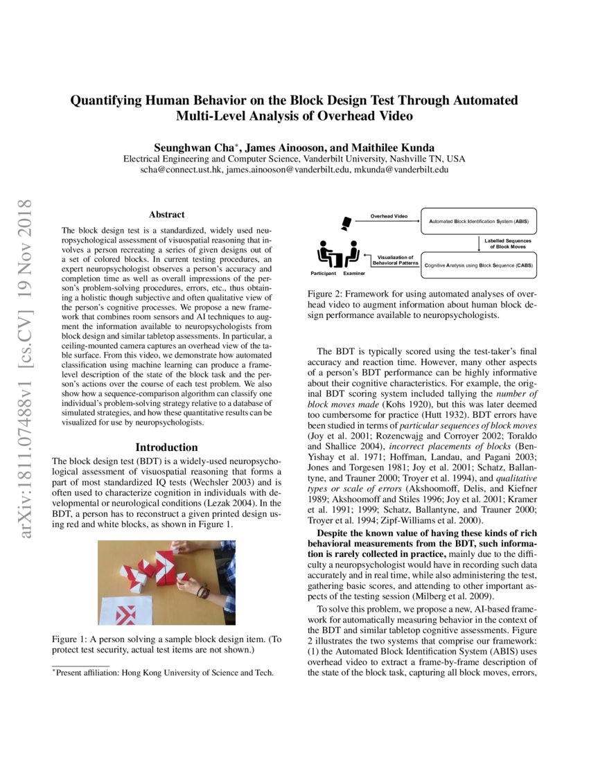 Quantifying Human Behavior on the Block Design Test Through Automated