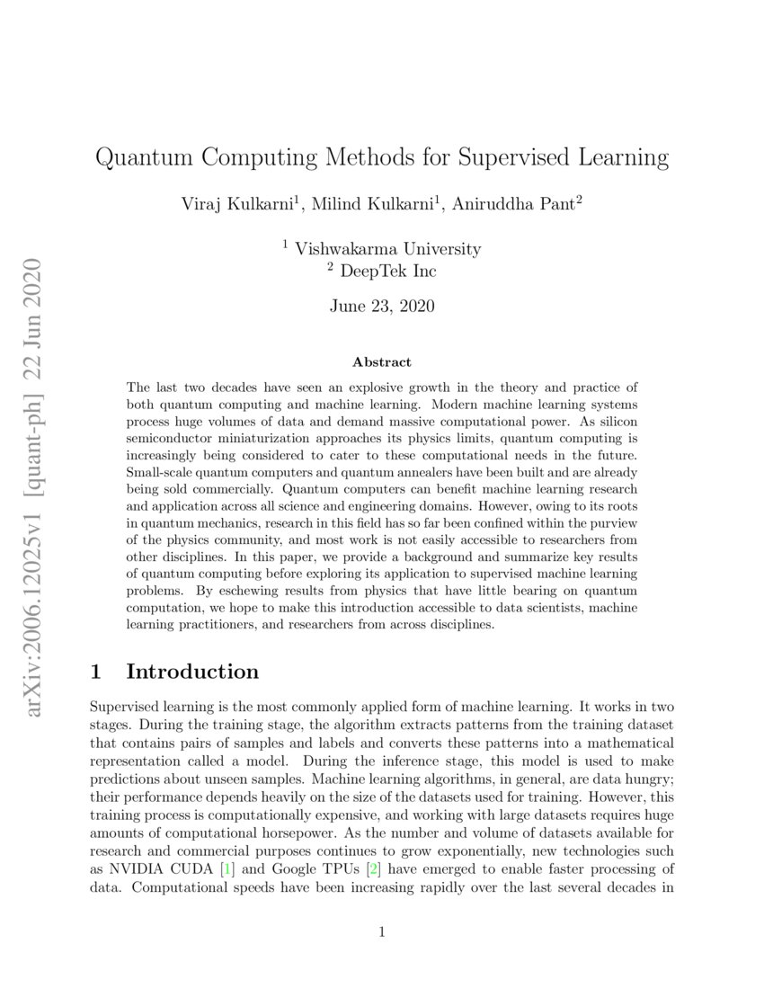 Quantum Computing Methods for Supervised Learning | DeepAI