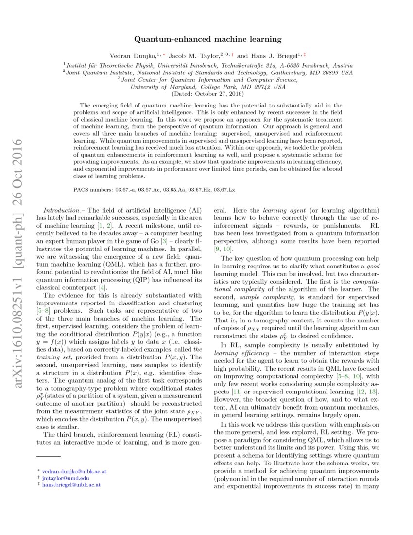 Quantum Enhanced Machine Learning Deepai