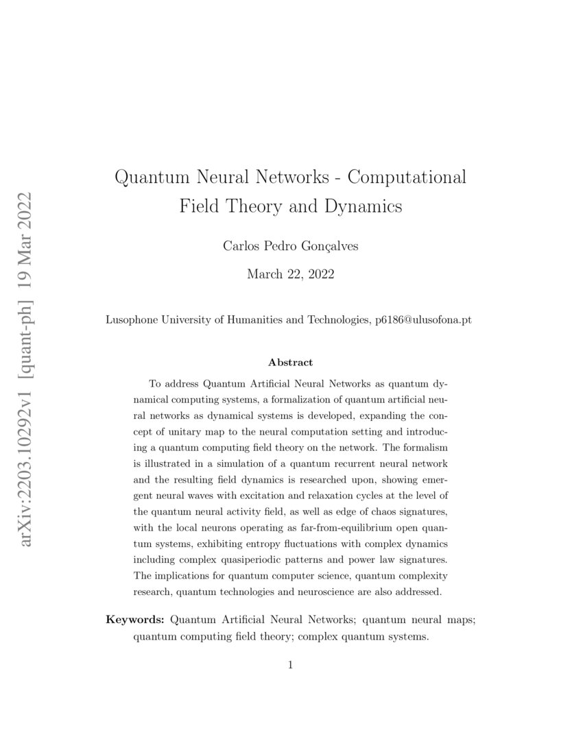 Quantum Neural Networks Computational Field Theory and Dynamics DeepAI