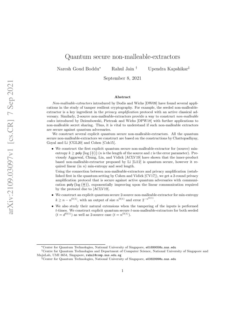 Quantum secure nonmalleableextractors DeepAI