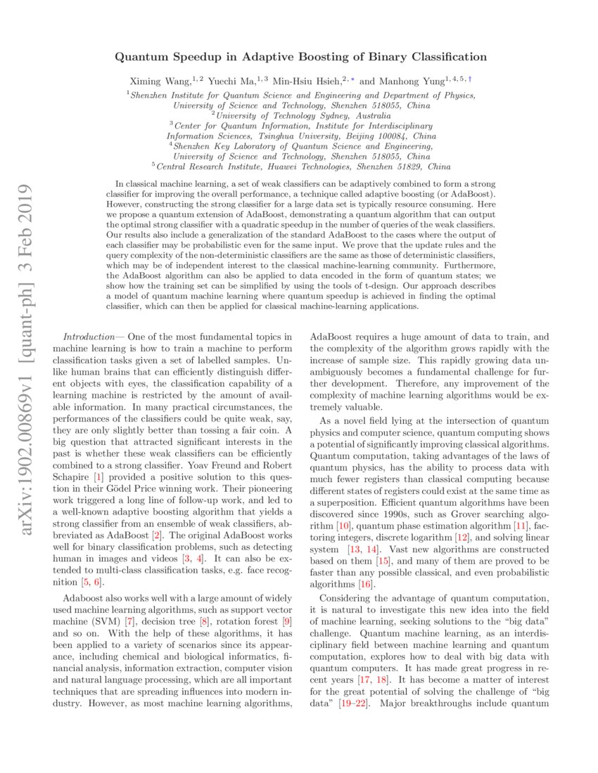 Quantum Speedup in Adaptive Boosting of Binary Classification DeepAI
