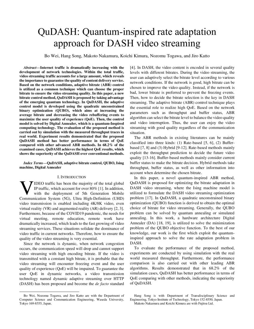 QuDASH Quantuminspired rate adaptation approach for DASH video streaming DeepAI