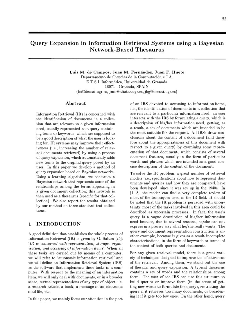 Query Expansion in Information Retrieval Systems using a Bayesian