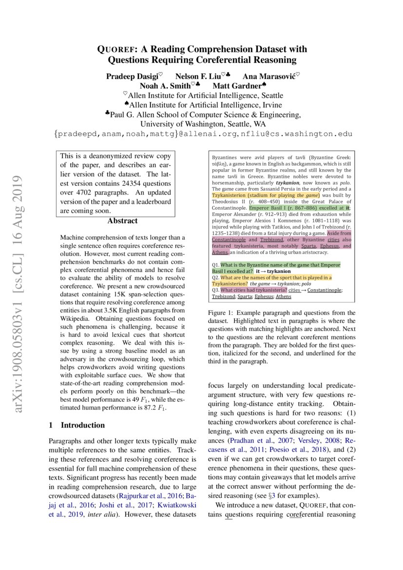 Quoref: A Reading Comprehension Dataset With Questions Requiring - Quoref: A Reading Comprehension Dataset With Questions Requiring