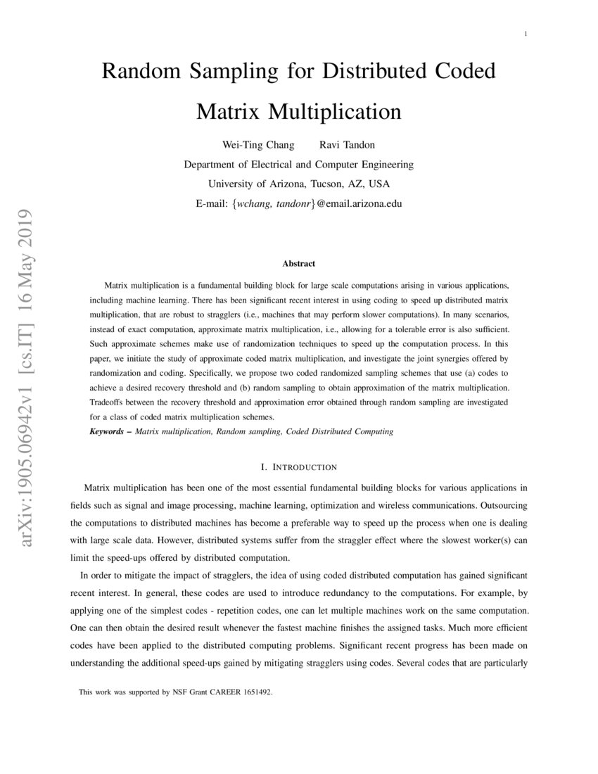 Random Sampling for Distributed Coded Matrix Multiplication | DeepAI