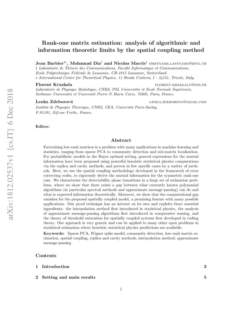 Rankone matrix estimation analysis of algorithmic and information