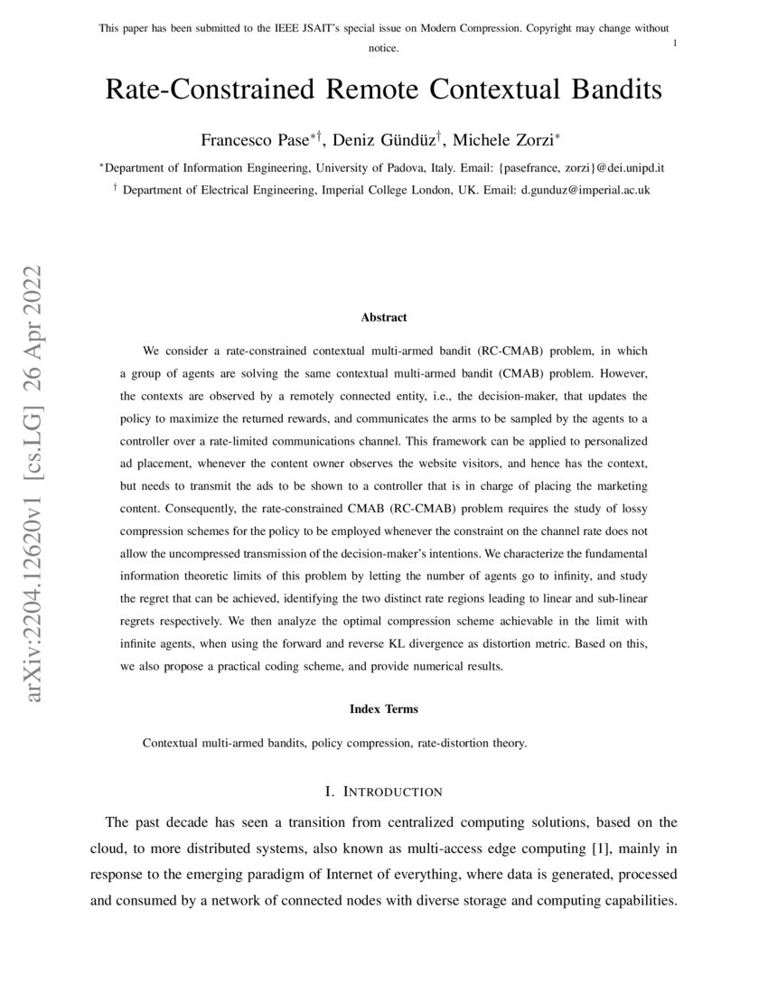 RateConstrained Remote Contextual Bandits DeepAI