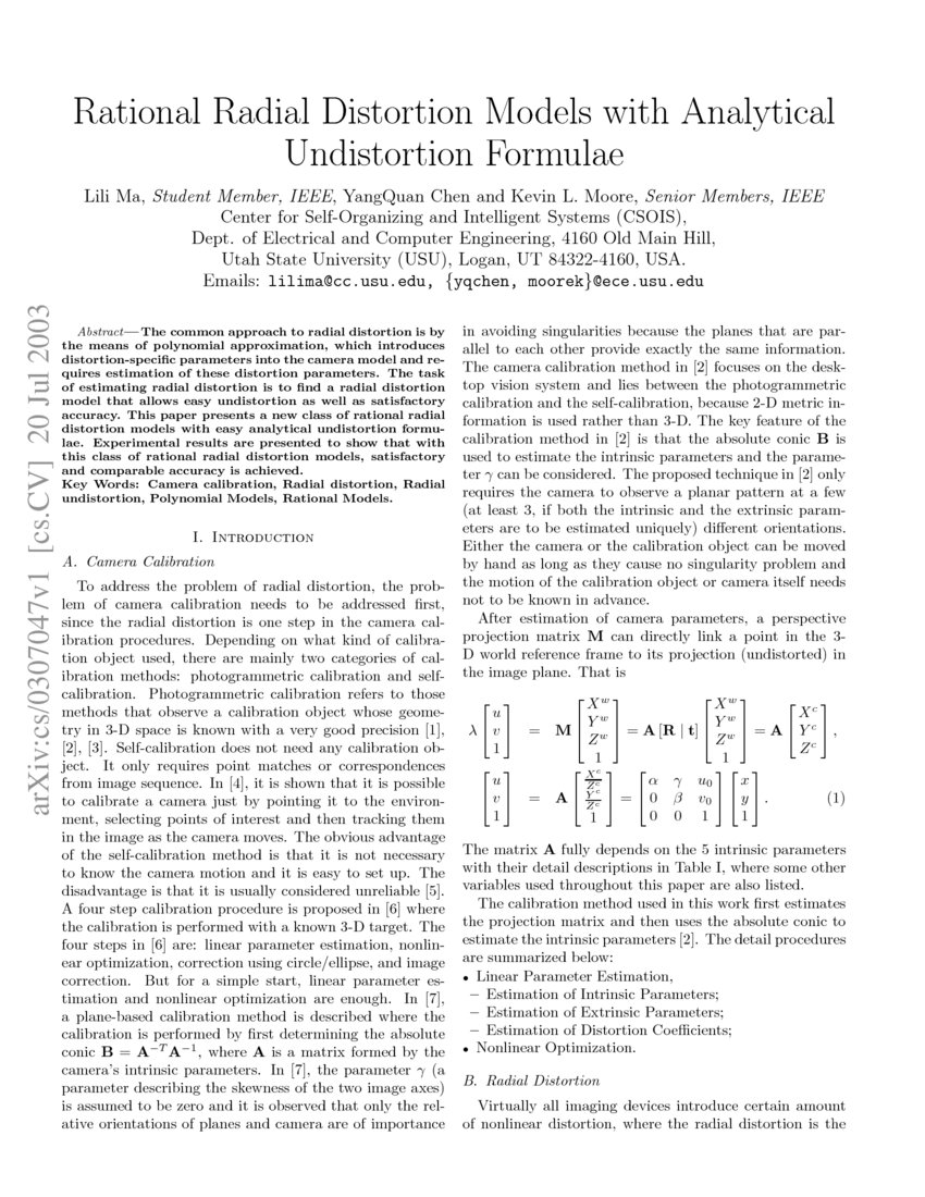 Rational Radial Distortion Models with Analytical Undistortion Formulae ...