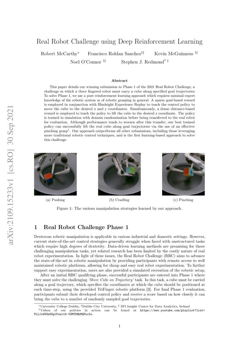 Real Robot Challenge using Deep Reinforcement Learning | DeepAI