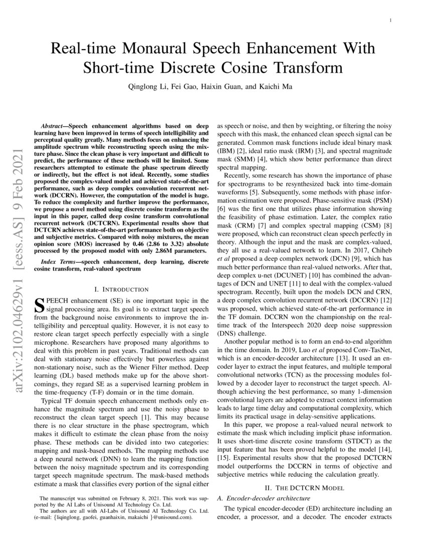 Realtime Monaural Speech Enhancement With Shorttime Discrete Cosine Transform DeepAI